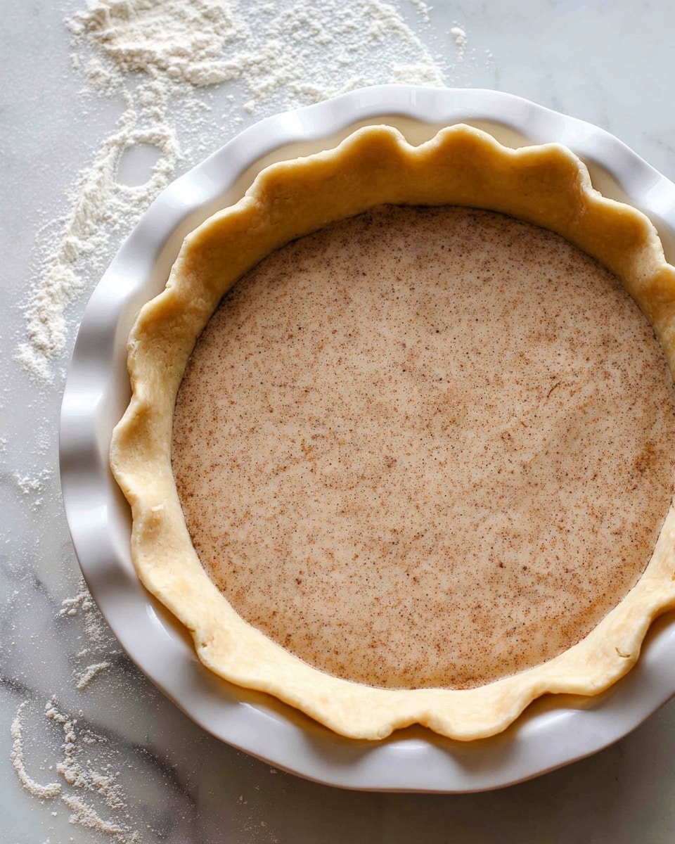 A white pie dish holds an unbaked pie with three visible layers. The bottom layer is a pale, smooth pie crust forming the base. On top of this is a creamy, light brown filling, speckled evenly with darker spices that give it a slightly rough texture. The edge of the crust is folded and pinched into a wavy pattern, creating a raised border around the pie. The pie dish sits on a white marbled surface with some flour scattered around. photo taken with an iphone --ar 4:5 --v 7