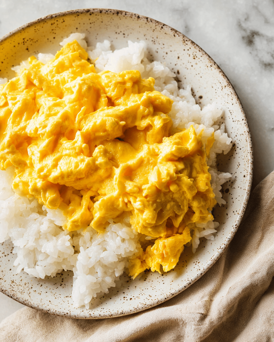 A close-up view of a white speckled ceramic plate filled with two layers: the bottom layer is fluffy white rice with a soft texture, and the top layer is bright yellow scrambled eggs, creamy and slightly glossy, sitting thickly over the rice. The plate rests on a white marbled surface with a soft beige cloth partly visible underneath the plate. The photo taken with an iphone --ar 4:5 --v 7