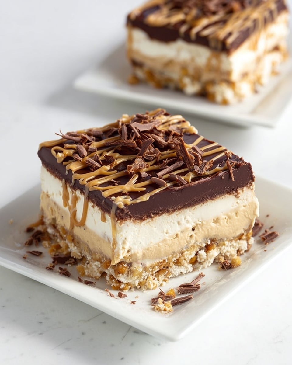 A square slice of dessert with four layers sits on a white square plate on a white marbled surface. The bottom layer is crumbly with a mix of light brown and beige bits that look like crushed pretzels. Above this is a thick, creamy beige layer with a smooth texture. Next is a glossy, dark brown chocolate layer that is thinner than the creamy one below it. The top layer is thick and white, topped with a light brown caramel drizzle in a crisscross pattern and scattered dark brown chocolate curls. Some crumbs are scattered around the base of the slice on the plate. In the background, partly out of focus, is another similar slice on a white square plate. Photo taken with an iphone --ar 4:5 --v 7