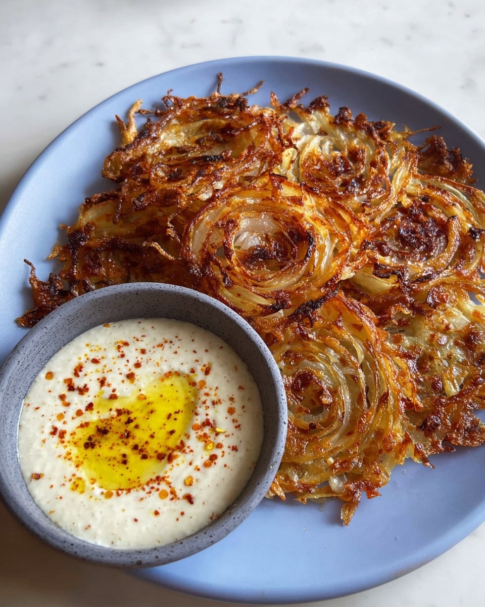 A white plate holds a crispy onion pancake made of many thin layers of golden-brown and slightly charred onion rings fused together, showing swirls of caramelized orange and brown hues with some darker, crispier edges. Next to the pancake is a small gray bowl filled with a smooth pale cream sauce drizzled with bright yellow oil and sprinkled with red chili flakes. The white marbled surface underneath frames the dish simply. photo taken with an iphone --ar 4:5 --v 7