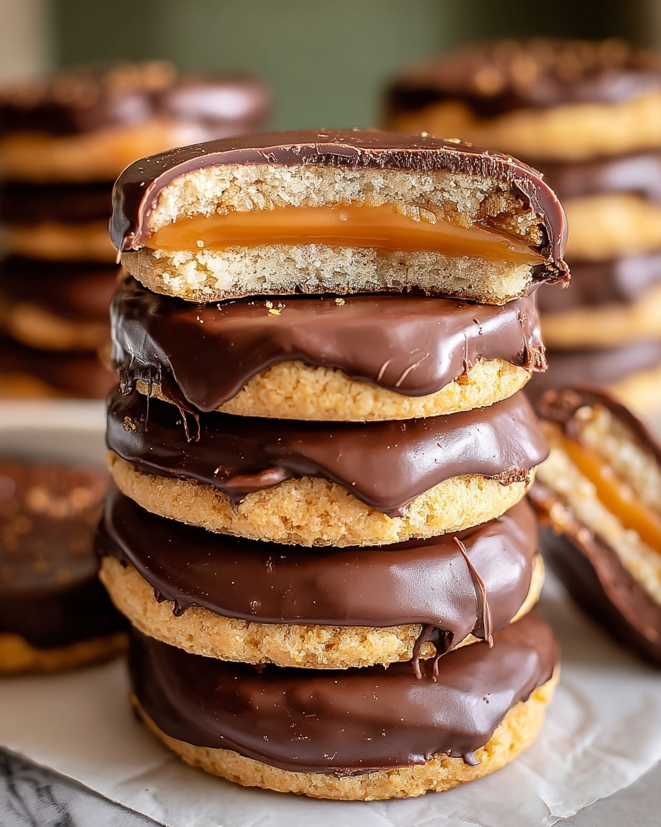 A close-up image shows a stack of seven round chocolate-covered cookies placed on a white marbled surface. The top cookie is cut in half and placed on the stack on top crosswise. Each cookie consists of three visible layers: the bottom layer is a light beige crumbly biscuit, the middle layer is a smooth caramel with a rich amber color, and the top layer is a thick, glossy dark chocolate coating with a shiny texture that slightly drips over the cookie edges. The cookie edges show a slight cracking in the biscuit base, adding texture and depth to the image. In the blurred background, more cookies can be seen stacked and laying flat. Photo taken with an iphone --ar 4:5 --v 7