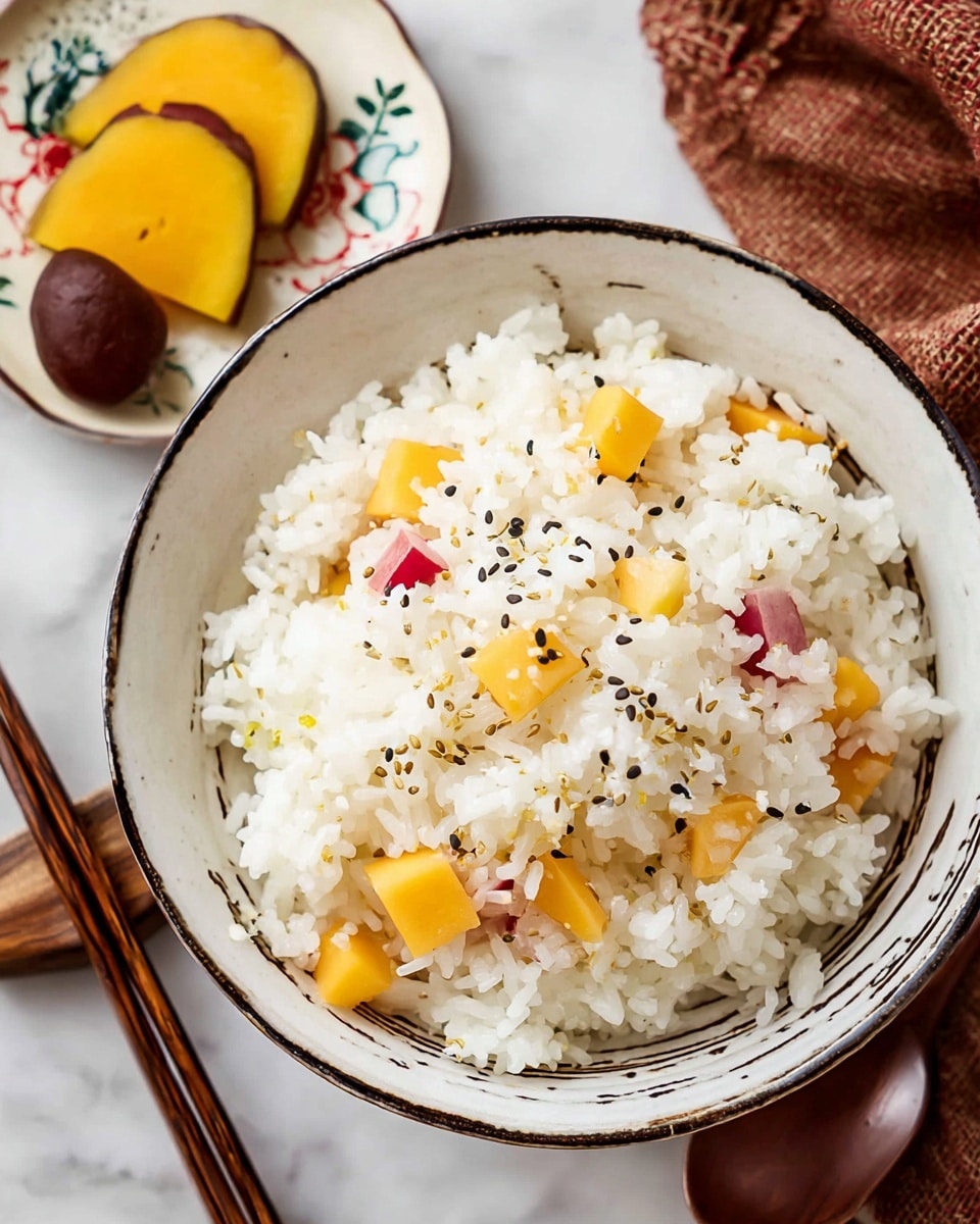 A close-up of a bowl filled with white rice mixed with small cube pieces of yellow and reddish-purple sweet potatoes scattered evenly throughout. There are tiny black sesame seeds sprinkled on top of the rice, adding small dark accents. The rice grains appear soft and fluffy with a slight shine, contrasting with the smooth, firm texture of the sweet potatoes. The bowl is white with a rustic dark rim and subtle brown markings inside, placed on a white marbled surface. Nearby, a small white plate with colorful designs holds two yellow pickled radish slices and a brown pickled plum. A pair of dark wooden chopsticks rests beside the bowl, along with a small wooden chopstick holder. photo taken with an iphone --ar 4:5 --v 7