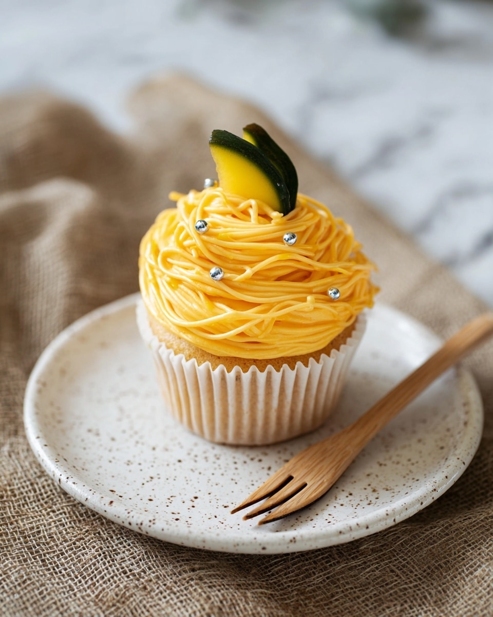 A single cupcake is at the center of a white plate with a speckled pattern. The cupcake is wrapped in a white paper liner and topped with bright orange-yellow frosting piped in thin, noodle-like swirls forming one thick, rounded mound. Small silver balls are scattered across the frosting, and a small greenish-yellow slice of fruit or vegetable with dark green skin is placed standing upright on top. A small wooden fork lies beside the cupcake on the plate. The plate sits on a textured fabric on a white marbled surface. Photo taken with an iphone --ar 4:5 --v 7