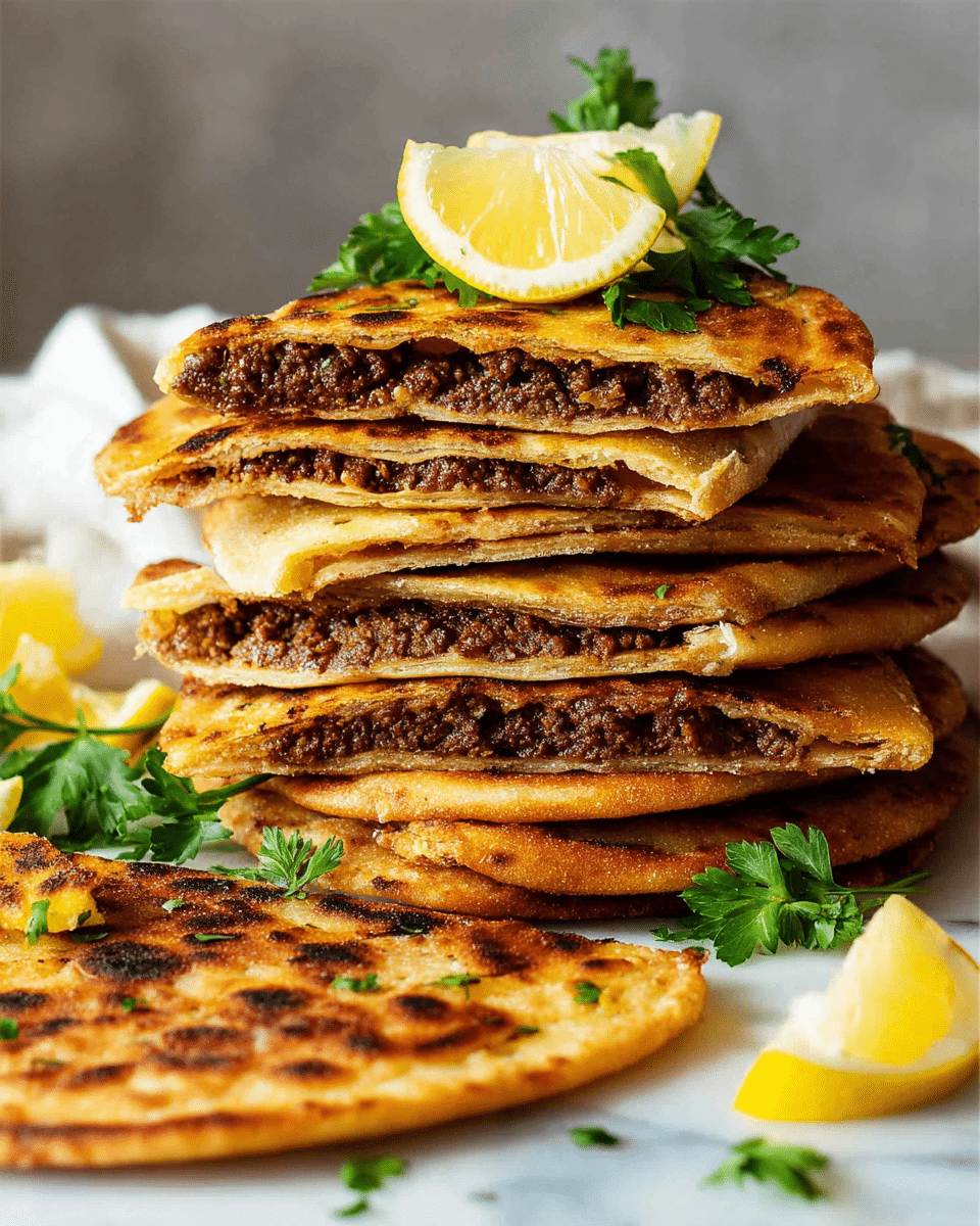 A tall stack of six golden brown flatbreads filled with dark, cooked ground meat is shown on a white marbled surface. Each flatbread layer is thin with a slight crisp, and the meat filling looks juicy and well-spiced, visible clearly between the flatbreads. At the top of the stack is a wedge of bright yellow lemon and a sprig of fresh green parsley. Around the stack are extra flatbreads lying flat and more lemon wedges, with some parsley scattered nearby. The flatbreads have a slightly charred texture on the outside, adding to their rustic look. Photo taken with an iphone --ar 4:5 --v 7