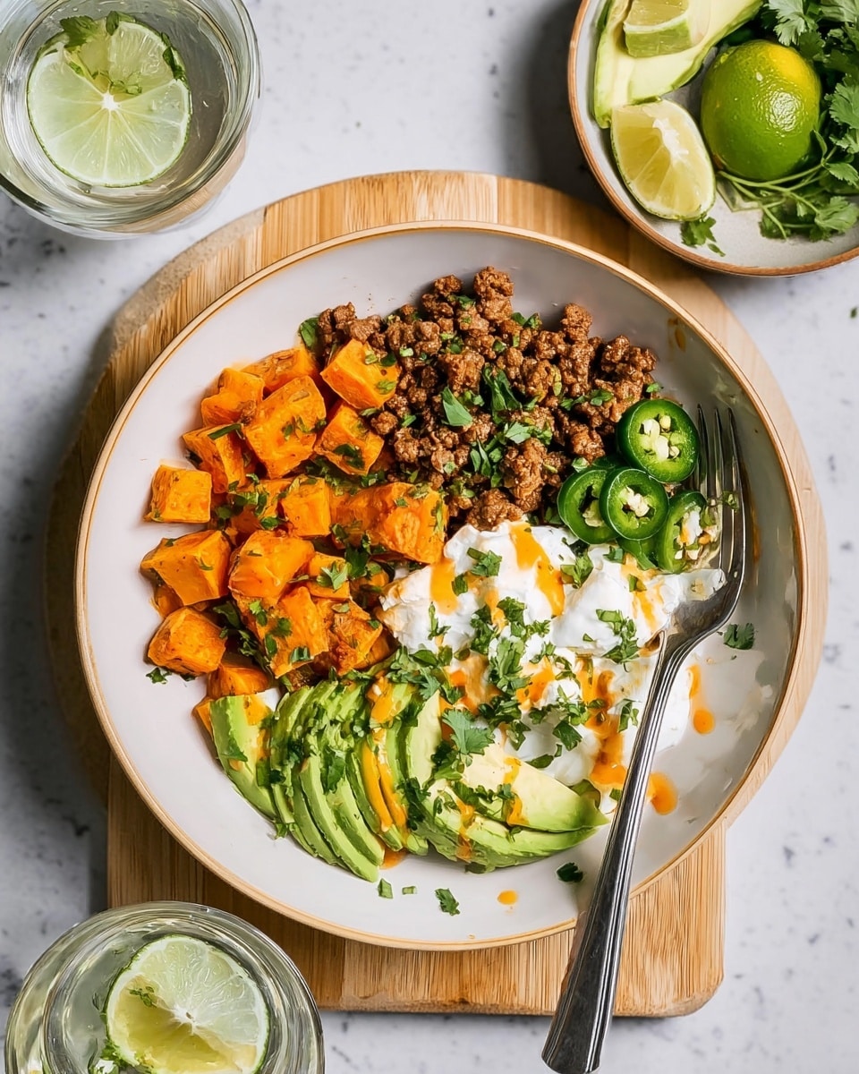 Three white bowls sit on a white marbled surface, each filled with four main layers: orange roasted sweet potato cubes in one section, ground seasoned meat in another, a scoop of white yogurt or sour cream with some red flakes beside it, and fresh green sliced jalapeños and avocado slices layered on top. Each bowl has a small wedge of lime placed near the yogurt. The bowls are garnished with chopped green herbs scattered over the ingredients. A small metal fork rests inside two of the bowls. Around the bowls are small white dishes and brown bowls containing extra herbs, spices, lime wedges, and sauces, all on a white marbled base. Light wooden boards and a white linen cloth add natural textures. The photo taken with an iphone --ar 4:5 --v 7