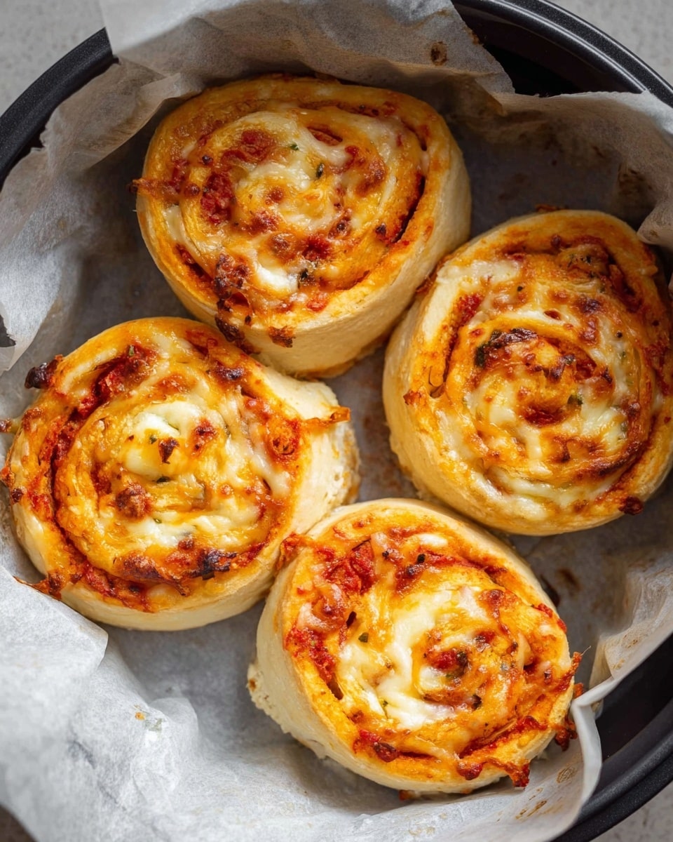 The image shows four pizza rolls arranged closely inside a round baking tray lined with white parchment paper. Each roll has a spiral shape with a light golden-brown dough forming the outer layer and inside layers showing a mix of melted orange and white cheese and bright red tomato sauce. The cheese looks gooey and slightly browned on top, while the dough appears soft with a smooth texture and some visible air bubbles. The white marbled texture is barely visible through the translucent parchment peeking from the tray edges. photo taken with an iphone --ar 4:5 --v 7