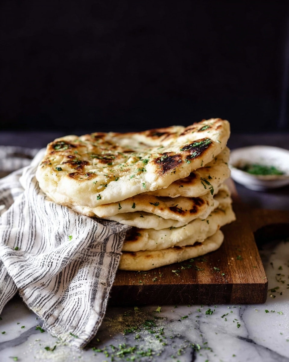 A stack of six flatbreads with a light golden-brown and slightly charred surface rests on a wooden board, sprinkled with small green herb flakes. The top flatbread is folded partially upward, showing its soft, pillowy texture with darker toasted spots. A textured white cloth with thin black stripes is partially draped under the board. The background is dark, contrasting with the lighter flatbreads and wooden board, which sits on a white marbled surface lightly dusted with green herbs. A small white dish with a green herb garnish is blurred behind the stack. photo taken with an iphone --ar 4:5 --v 7