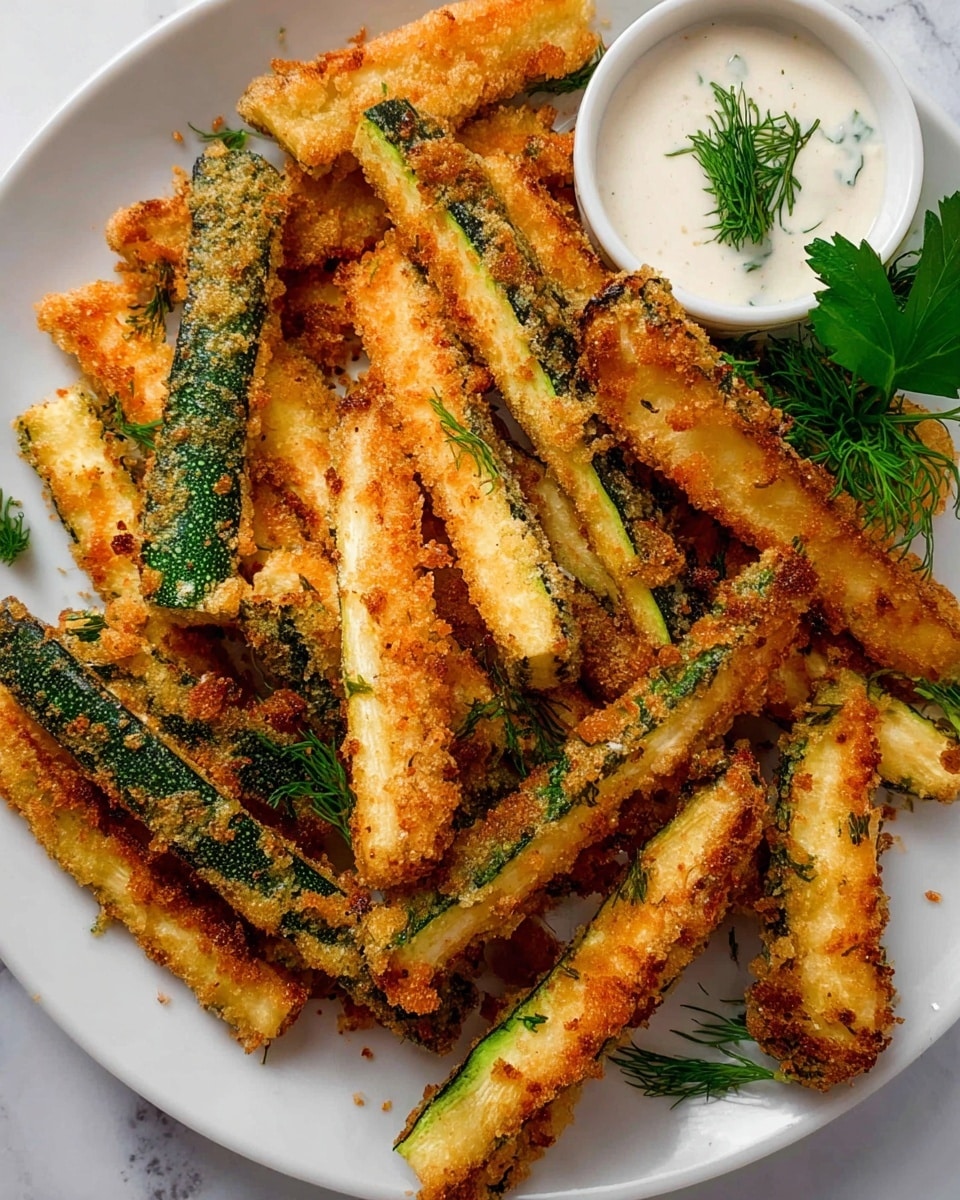 The image shows a white plate filled with crispy fried zucchini sticks that are golden brown and crunchy on the outside with some spots darker than others, revealing green zucchini edges underneath the breading. The zucchini strips vary in length and are randomly piled, exposing some inner light green flesh. On the side of the plate, there is a small white round bowl with a creamy white dipping sauce. Next to it, fresh green herbs including parsley and dill add a splash of color. The plate is set on a white marbled surface. photo taken with an iphone --ar 4:5 --v 7