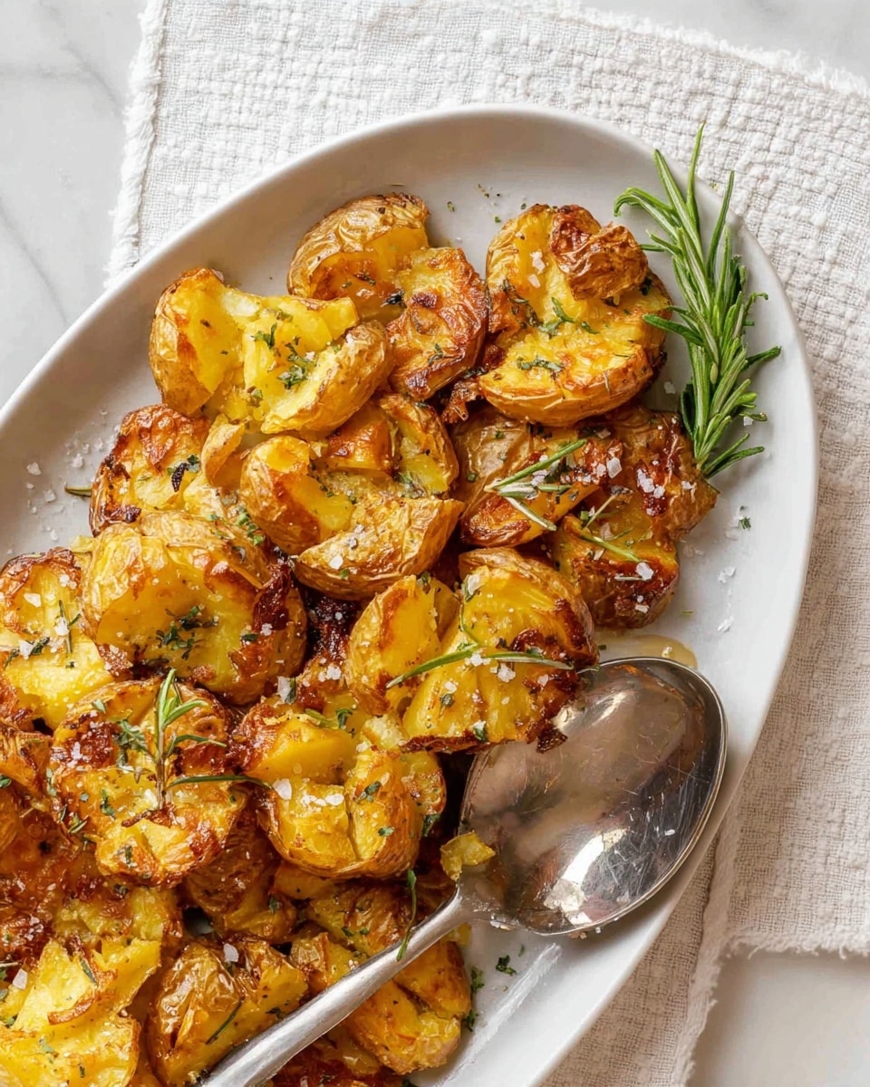 The image shows a white oval plate filled with golden-brown smashed roasted potatoes that have crispy edges and soft yellow centers, sprinkled with coarse salt and finely chopped green herbs. There are a few whole fresh green rosemary sprigs placed among the potatoes for garnish. A large silver spoon is placed on the right side of the plate resting on the potatoes. The plate sits on a white marbled surface with a white textured cloth napkin nearby. photo taken with an iphone --ar 4:5 --v 7