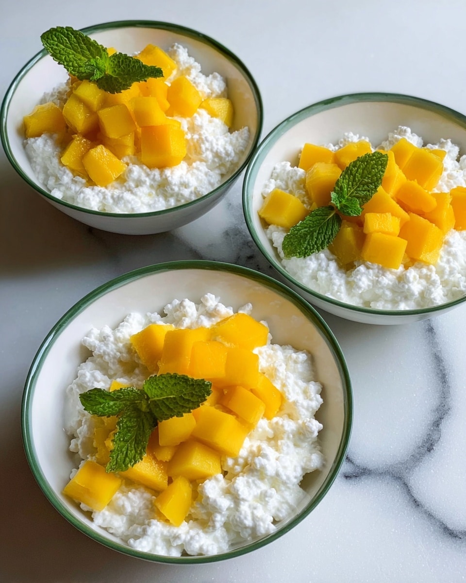 The image shows three white bowls filled with a layer of white cottage cheese topped with chopped bright yellow mango pieces and each garnished with a small green mint leaf. The bowls have a thin dark green rim and are placed on a white marbled surface. The textures contrast the soft, creamy cottage cheese with the smooth, juicy mango chunks. The bowls are arranged loosely with one on top and two below it. photo taken with an iphone --ar 4:5 --v 7