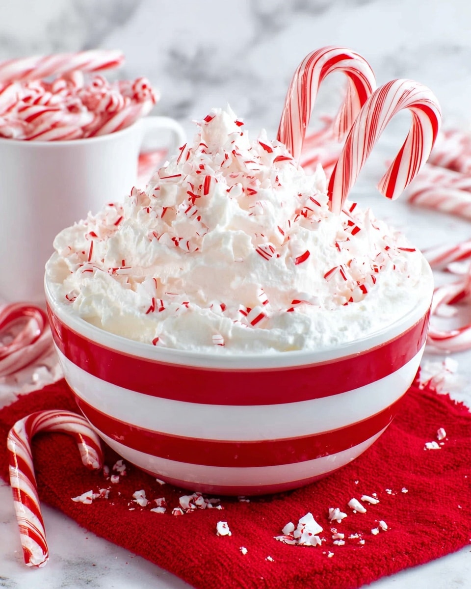 A bowl with red and white horizontal stripes is filled with a tall, fluffy mound of white whipped cream. On top of the whipped cream, there are many small pieces of crushed red and white peppermint candy scattered all over it, along with two whole peppermint candy canes standing upright at the center. The bowl sits on a bright red cloth on a white marbled surface. Nearby, there is a white cup holding several more peppermint candy canes and a white bowl filled with more candy canes in the background. Two more candy canes lie beside the bowl. photo taken with an iphone --ar 4:5 --v 7