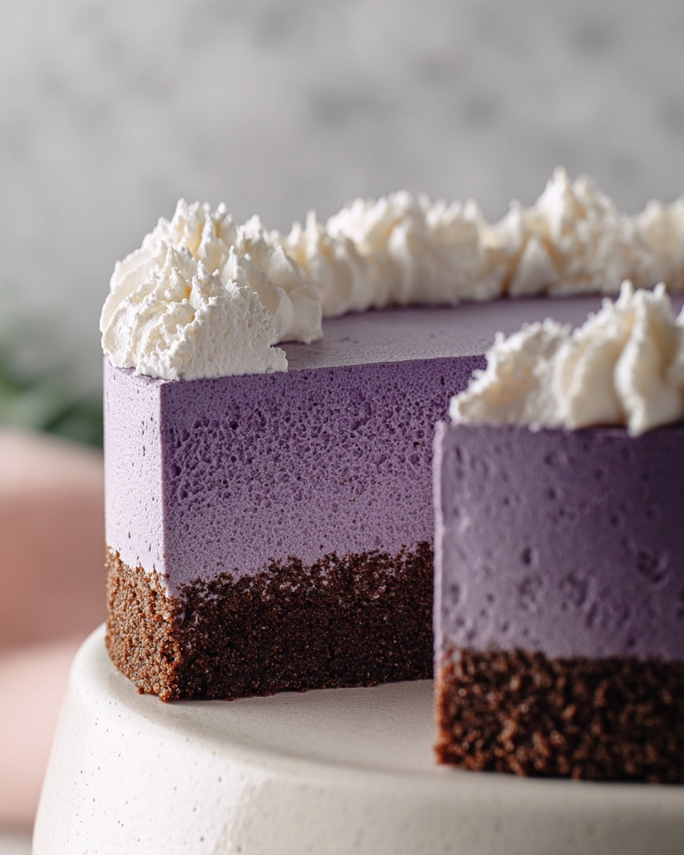 A close-up view of a cake with two visible layers: the bottom layer is a dark brown crumbly crust with a rough texture, while the top layer is a smooth purple mousse that is thick and creamy. The mousse layer is about twice the height of the crust and has a slightly airy texture with small holes. The top edge of the cake is decorated with piped white whipped cream forming small peaks that run along the entire border. A slice has been cut out, showing the clean edges and even layers of the cake. The cake sits on a white surface that looks like a ceramic stand, against a soft blurred white marbled background. photo taken with an iphone --ar 4:5 --v 7