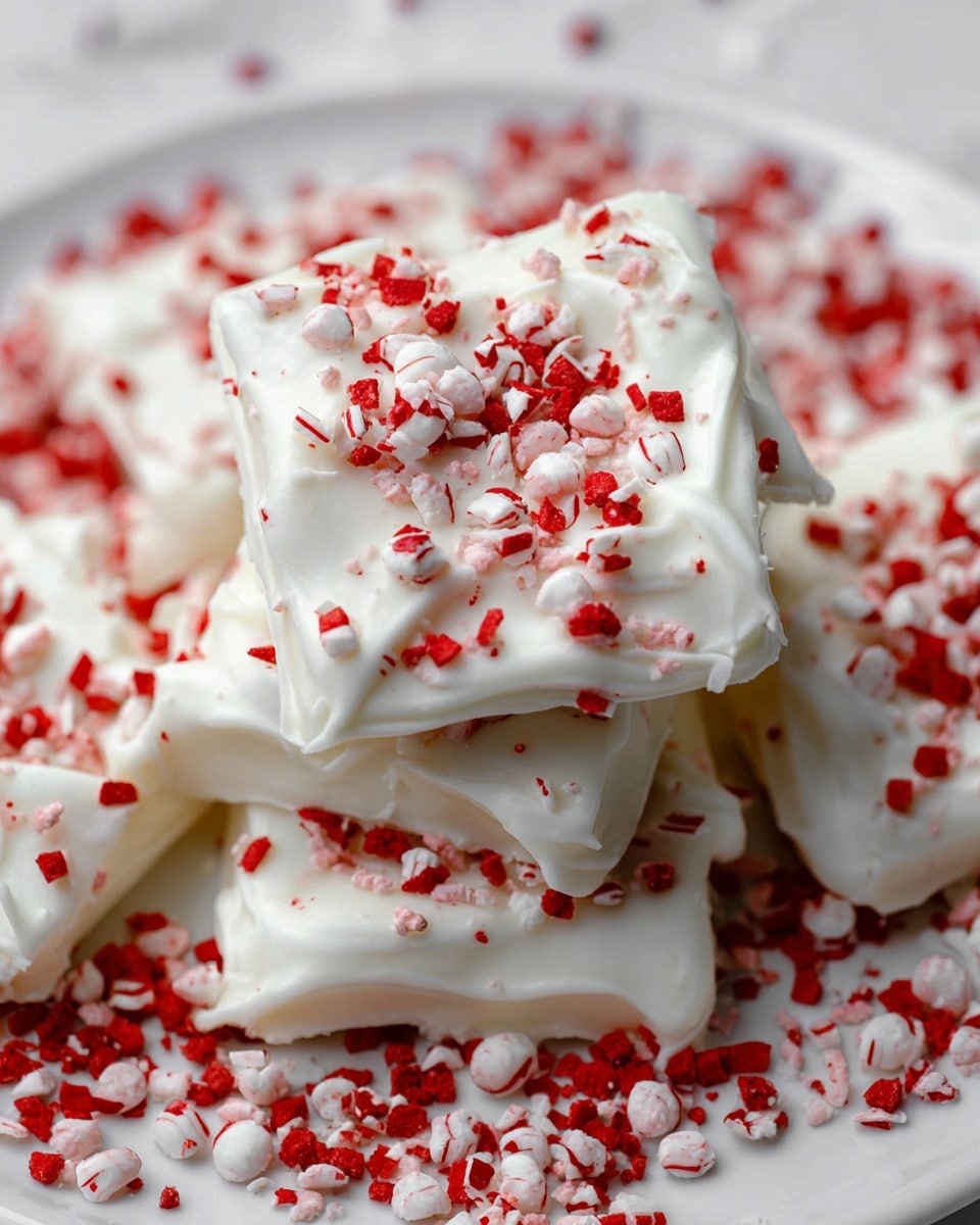 The image shows a stack of square white treats on a white plate, each piece covered in a thick white coating with a smooth, slightly swirled texture. The top layer of these treats is decorated with small red and white crushed pieces, scattered unevenly, adding a bright pop of color and a rough, crunchy texture. Around the stacked treats, more of these crushed red and white pieces are scattered on the plate, creating a festive look. The background has a white marbled texture, keeping the focus on the vibrant treats. photo taken with an iphone --ar 4:5 --v 7