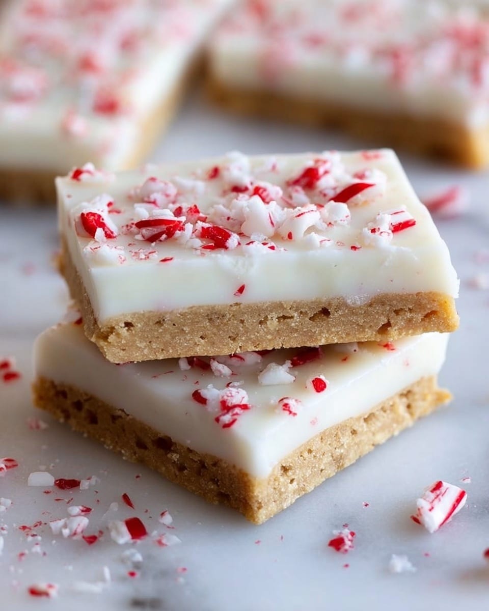 The image shows two stacked pieces of a treat with three visible layers. The bottom and top layers are smooth and white, looking like a coating or frosting. The middle layer is a light tan, crumbly biscuit or cracker. On the top white layer, there are small pieces of crushed red and white peppermint candy scattered evenly. The background is a white marbled surface with some scattered peppermint pieces around the treats. In the back, more similar treats are slightly out of focus. photo taken with an iphone --ar 4:5 --v 7