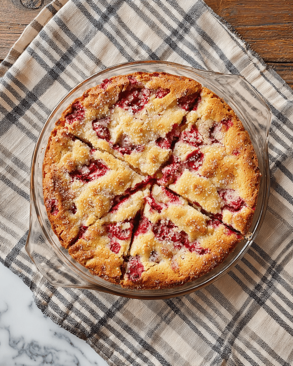 A round, sliced cake is shown from above, baked in a clear glass pie dish with two small handles on the sides. The cake has a golden-brown crust with uneven patches of red fruit spread throughout the top layer, giving it a marbled look. The surface looks crumbly and slightly cracked, with the red fruit filling visibly peeking through. The dish sits on a checkered cloth with beige and dark blue stripes. The background is a white marbled texture made to look like a wooden table. photo taken with an iphone --ar 4:5 --v 7