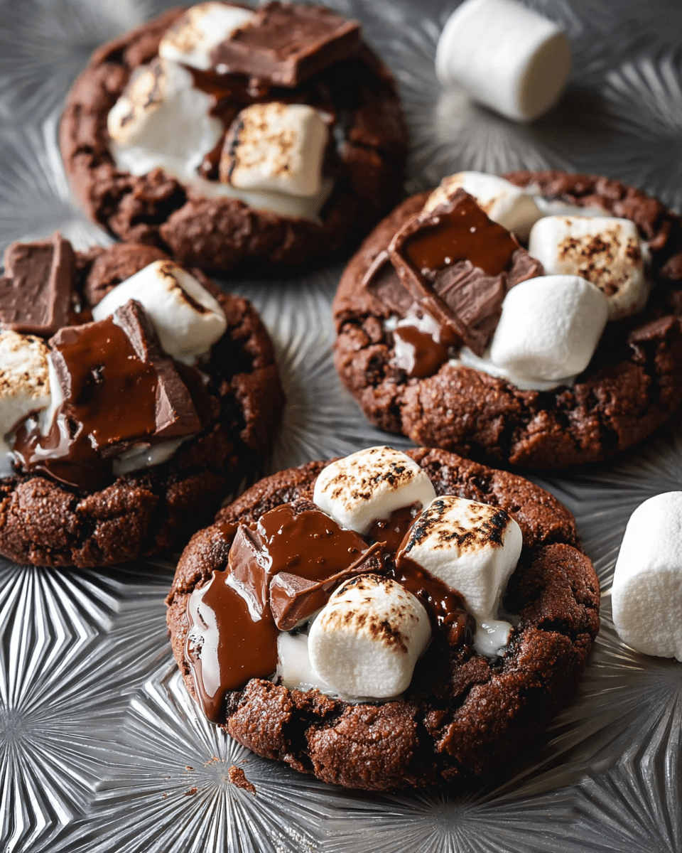 This image shows four round, thick chocolate cookies with a rough, cracked texture on top. Each cookie is topped with several melted chocolate pieces and large, soft white marshmallows that are partially melted into the warm cookies. The cookies are placed closely together on a shiny, patterned silver tray with a starburst design. Two whole white marshmallows are also visible on the tray, outside the cookies. The overall scene is lit softly, highlighting the glossy melted chocolate and soft texture of the marshmallows. Photo taken with an iphone --ar 4:5 --v 7