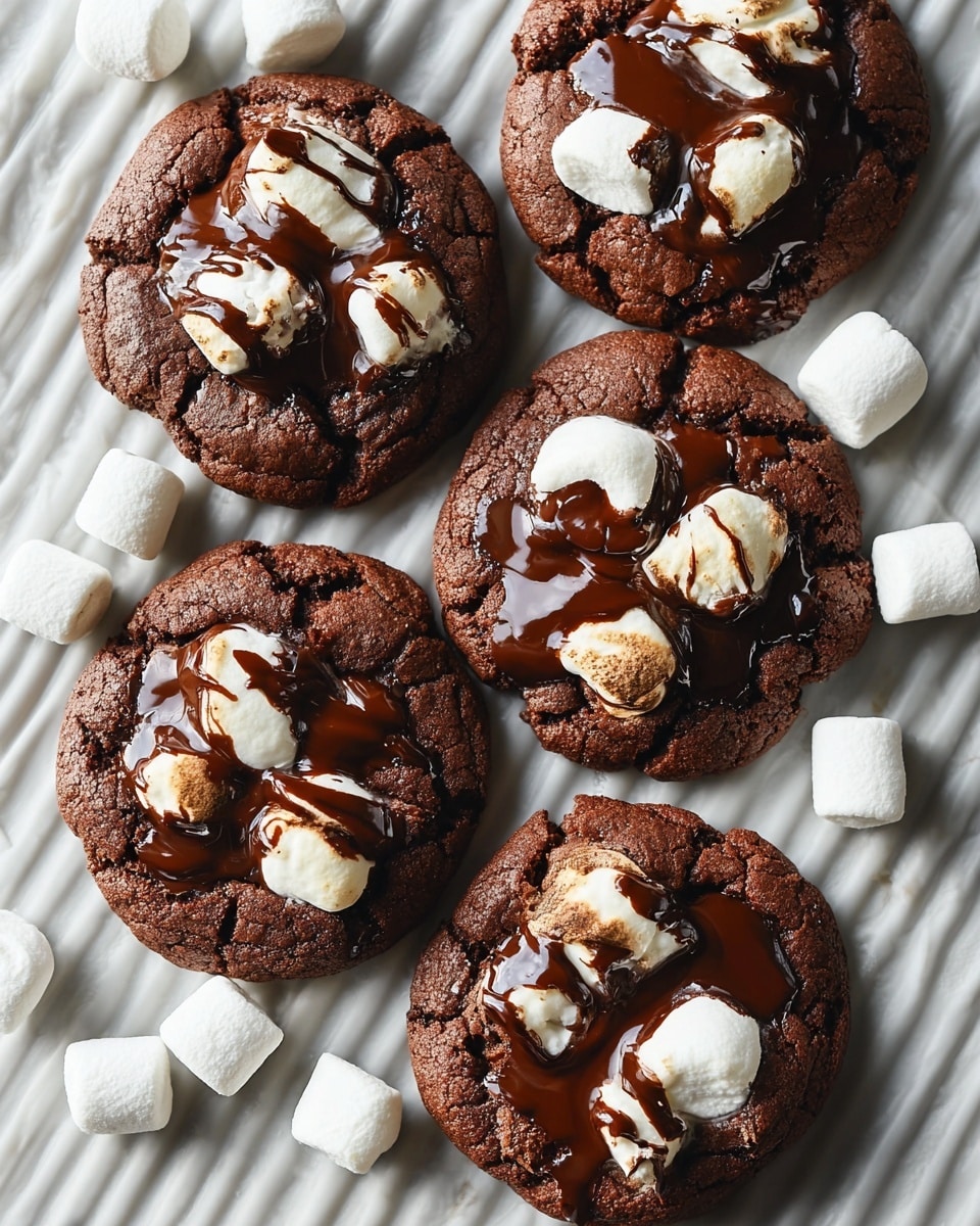 Five round chocolate cookies lie on a white marbled surface with a textured pattern. Each cookie has a dark brown base layer with a rough, slightly cracked surface. On top are large, melted white marshmallows and glossy, thick melted dark chocolate drizzled unevenly across, creating shiny patches that contrast with the matte cookie. Around the cookies are scattered whole white marshmallows, adding extra detail to the arrangement. The lighting highlights the shiny melted chocolate and soft texture of the marshmallows. photo taken with an iphone --ar 4:5 --v 7