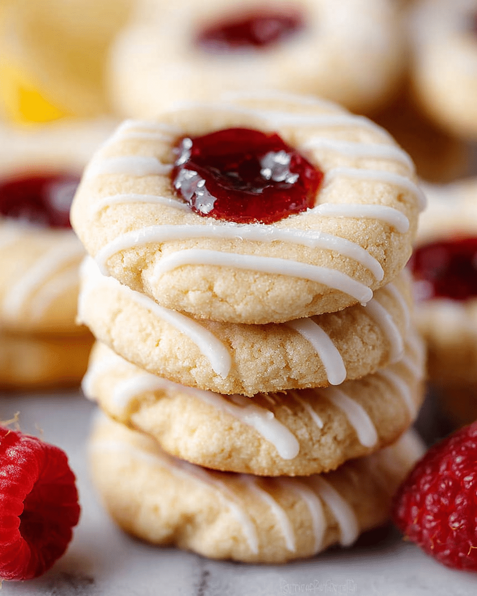 The image shows a close-up view of a stack of thumbprint cookies on a white marbled surface. Each cookie has two visible layers: the soft, pale beige cookie dough forming the base, and in the center, a shiny, red jam filling creating a small round indentation. The cookies are drizzled with thin, white icing lines that run vertically across the top surface, adding texture and contrast. The stack is slightly tilted, showing the layered cookies behind the front one, with a few raspberries scattered around, adding pops of red color. The lighting highlights the cookies' soft and crumbly texture, making them look fresh and inviting. Photo taken with an iphone --ar 4:5 --v 7
