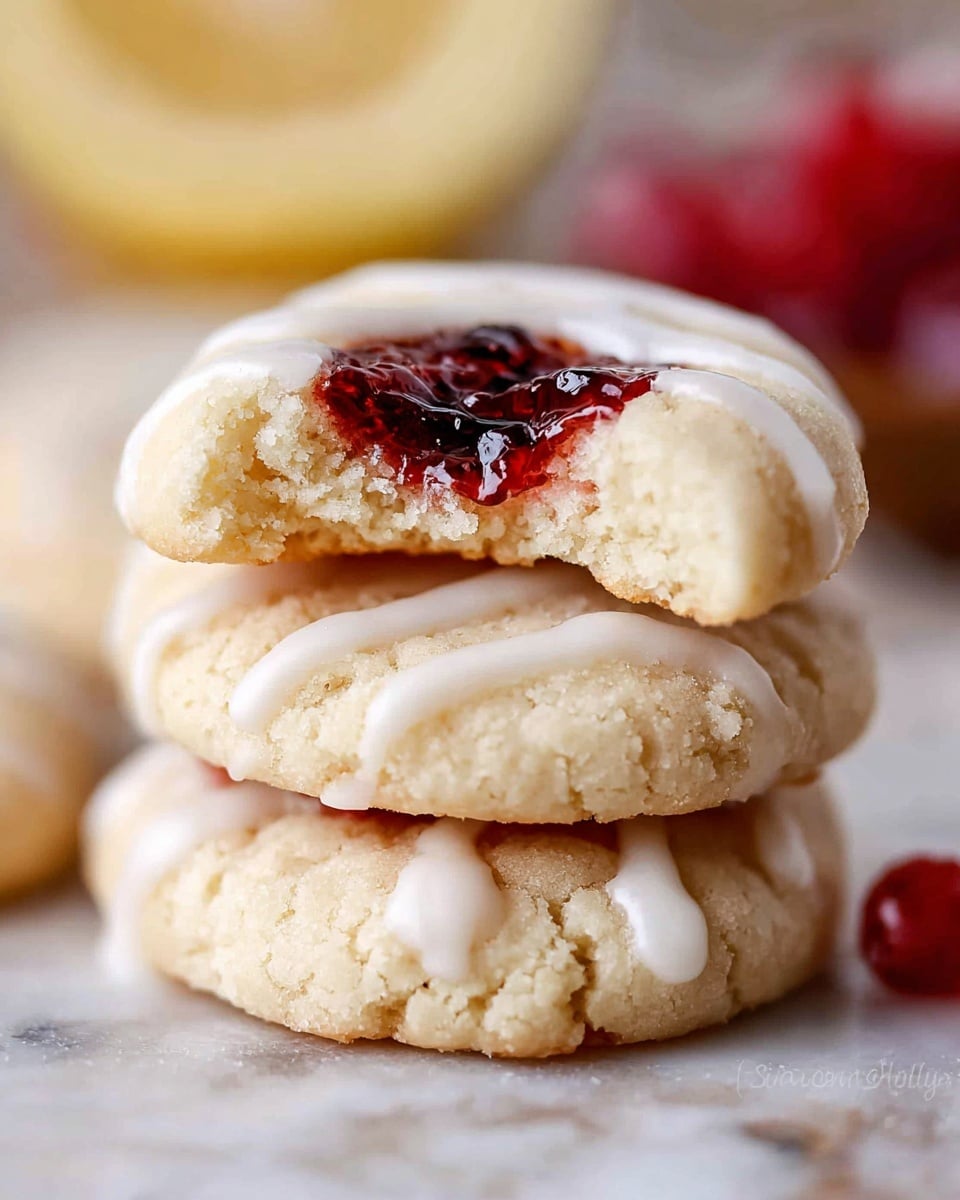 A close-up shot of a stack of three soft, round cookies on a white marbled surface. Each cookie is pale beige in color with a slightly crumbly texture. The top cookie has a bite taken out of it, revealing a dark red jam filling in its center. White icing is drizzled thinly over the surface of all the cookies, creating a delicate pattern. The cookies are stacked unevenly, showing their thickness and soft texture, with a few small red berries blurred in the background. Photo taken with an iphone --ar 4:5 --v 7
