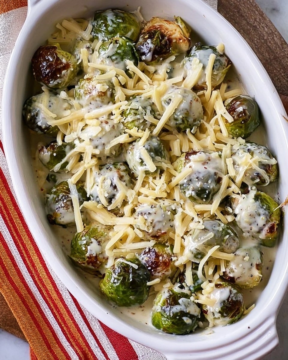 A white oval baking dish filled with cooked Brussels sprouts that have a slightly browned outer layer, covered generously with a creamy white sauce. On top of the sauce, there is a layer of light yellow shredded cheese spread unevenly, adding texture and color contrast. The Brussels sprouts vary in size and are nestled closely together, with some showing open leaves and caramelized edges. The dish sits on a white marbled surface, next to a striped cloth with red, white, and orange colors. photo taken with an iphone --ar 4:5 --v 7