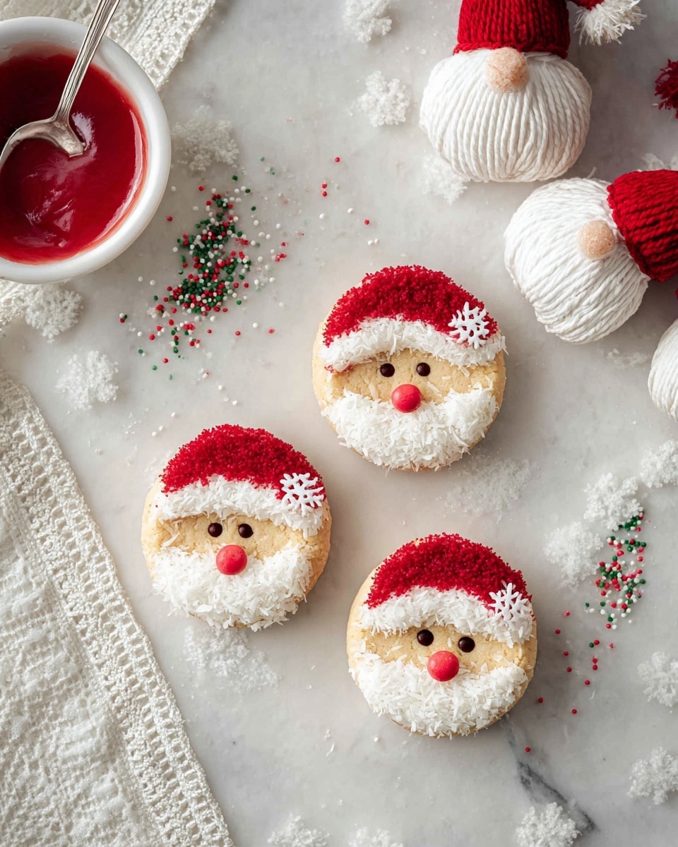 Three round cookies decorated to look like Santa faces are placed on a white marbled surface. Each cookie has two layers: the bottom layer is covered in white coconut flakes mimicking a beard, while the top half is golden brown cookie. Red icing forms Santa’s hat on top of each cookie, with white snowflake sprinkles on the hat edges. Each cookie has two small black dots for eyes and a red candy nose in the center of the face. To the left, a white bowl with red icing and a spoon rests on the surface, with some red, green, and white sprinkles scattered around. A white crocheted cloth and two red and white Santa gnome decorations are also visible. photo taken with an iphone --ar 4:5 --v 7