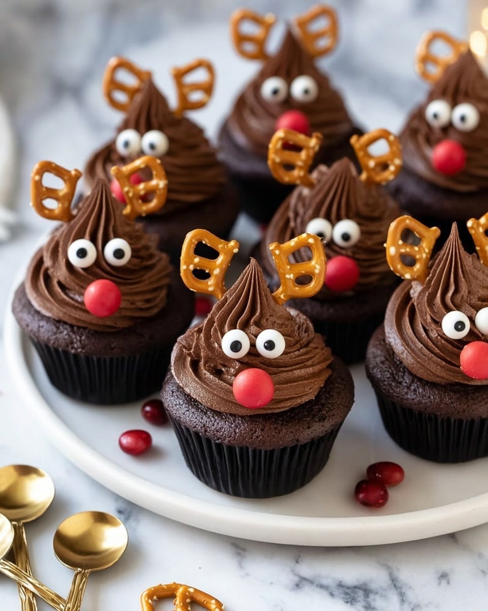 A group of chocolate cupcakes is arranged on a round white plate placed on a white marbled surface. Each cupcake has a rich, dark chocolate base, topped with two layers of piped dark chocolate frosting swirled in a tall, soft peak. The frosting is decorated with two white candy eyes and a single red circular candy placed in the center near the bottom to look like a nose. Two small pretzel pieces are positioned on each cupcake, one on each side of the frosting peak, resembling antlers. Additional loose pretzels and red candies are scattered around the plate, with gold measuring spoons in the corner of the surface. Photo taken with an iphone --ar 4:5 --v 7