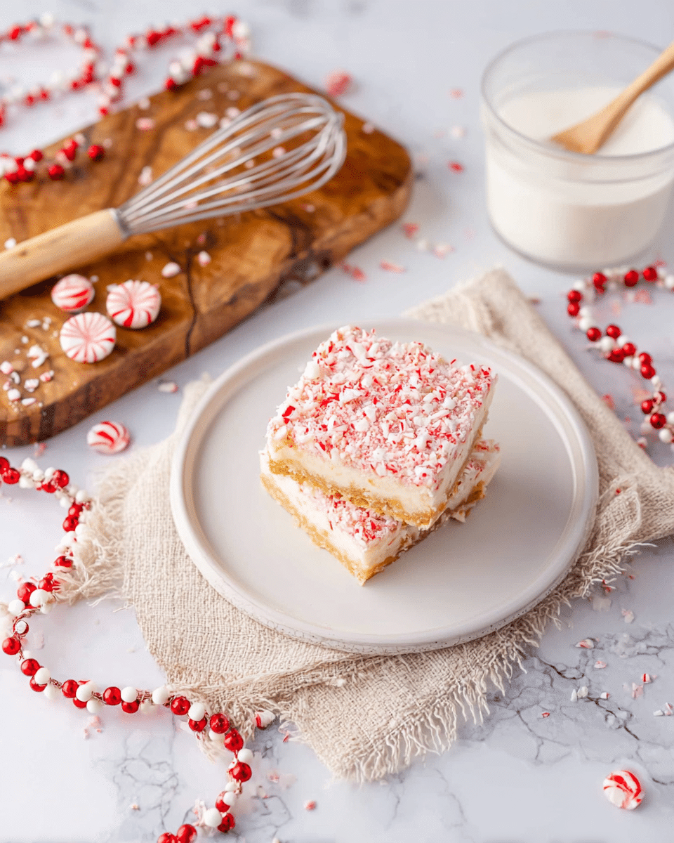The image shows two square dessert bars stacked on a white plate, each with three visible layers: a golden brown bottom crust, a middle creamy white layer, and a top layer covered in crushed red and white peppermint candy, giving it a rough texture. Next to the plate, there is a wooden spoon on a clear glass container partially filled with white cream. The setting includes a rustic wooden board with a few scattered whole peppermint candies and a red-and-white bead garland draped around. A metal whisk with a light wooden handle rests diagonally on the board. The entire scene is set on a white marbled surface with a soft beige fabric runner under the plate. photo taken with an iphone --ar 4:5 --v 7