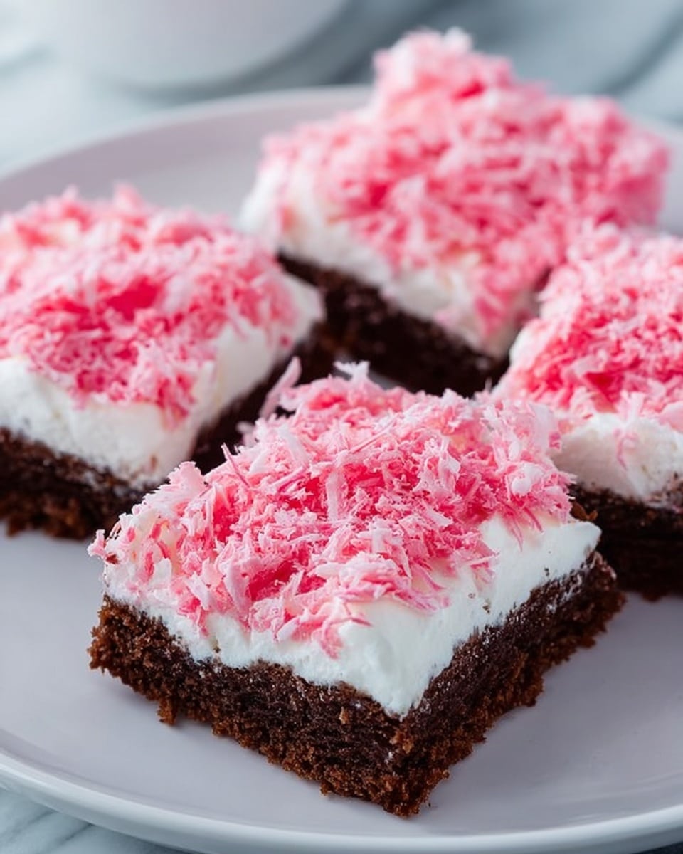 The image shows four square dessert pieces placed closely on a white plate. Each piece has two visible layers: a dark brown, dense, and slightly crumbly bottom layer that looks like chocolate cake or brownie, topped with a thick, white creamy layer that appears smooth and soft. On top of the white layer, there is a bright pink shredded topping that looks light and flaky, covering the surface unevenly but fully. The plate is set on a white marbled surface. Photo taken with an iphone --ar 4:5 --v 7