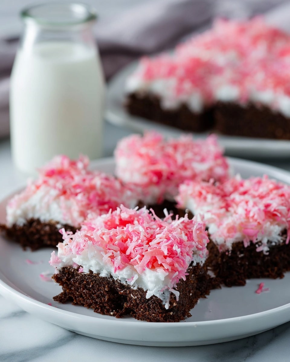 The image shows a white plate with four chocolate cake squares, each topped with a thick white frosting layer and covered with bright pink shredded coconut flakes. The chocolate cake base looks moist and dark brown, forming the bottom layer. The frosting layer is spread evenly in the middle, white and creamy, with the pink coconut flakes generously sprinkled on top, creating a rough, textured surface. In the background, there is a glass bottle filled with milk and another plate with more cake squares, all set on a white marbled surface. photo taken with an iphone --ar 4:5 --v 7
