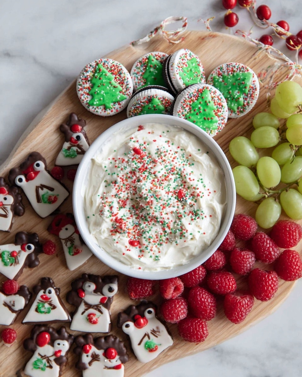 A white bowl sits in the center of a light wooden board, filled with a thick white creamy dip topped with scattered red and green sprinkles. Surrounding the bowl are several decorated Oreo cookies dipped in white chocolate, each with a green Christmas tree design and colorful sprinkles on top. To the right of the bowl are clusters of red raspberries and green grapes. On both sides of the board, there are triangle-shaped white cookies decorated with red and green icing resembling Christmas trees. Also placed on the board are small chocolate rectangles decorated as reindeer with pretzel antlers, candy eyes, and red noses. The whole scene is set on a white marbled textured surface. photo taken with an iphone --ar 4:5 --v 7