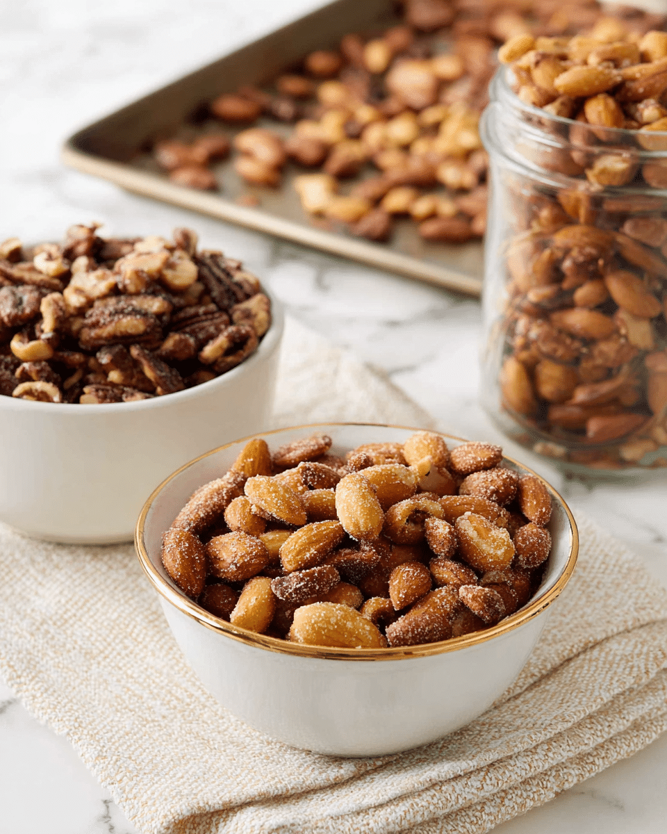 The image shows three containers filled with roasted nuts, all placed on a white marbled surface with a beige textured cloth underneath. In the front, there is a white bowl with a gold rim filled with golden-brown almonds coated with a sugar crunch. Behind it to the left, there is a plain white bowl filled with mixed nuts, darker and chunkier in color and texture. Towards the back on the right side, there is a clear glass jar with a clamp lid filled with similar mixed nuts. In the far background, there is a baking tray with roasted nuts spread out on it, slightly out of focus. photo taken with an iphone --ar 4:5 --v 7