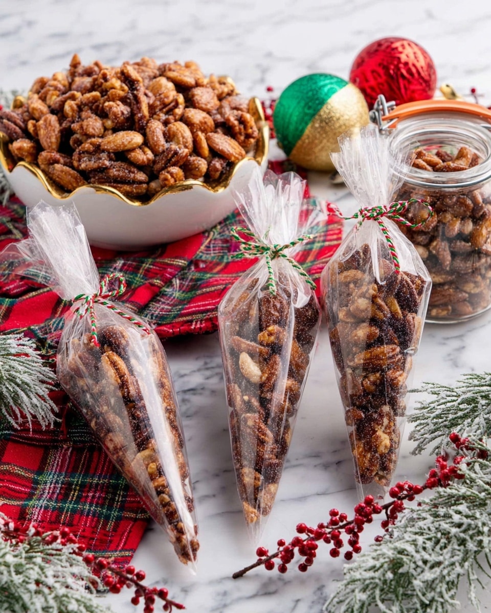 Three clear cone-shaped bags filled with crunchy nuts coated in a sugary spice mix lie on a white marbled surface. Each bag is tied at the top with a thin red, green, and white twisted string. Behind the cones, a white bowl with a gold rim holds more spiced nuts, looking shiny and golden brown. A smaller clear glass jar with a metal clasp on the right also holds nuts. A red, green, and gold Christmas ornament and a red and white plaid cloth add festive colors around the nuts, along with frosted sprigs with red berries placed in the front right. photo taken with an iphone --ar 4:5 --v 7
