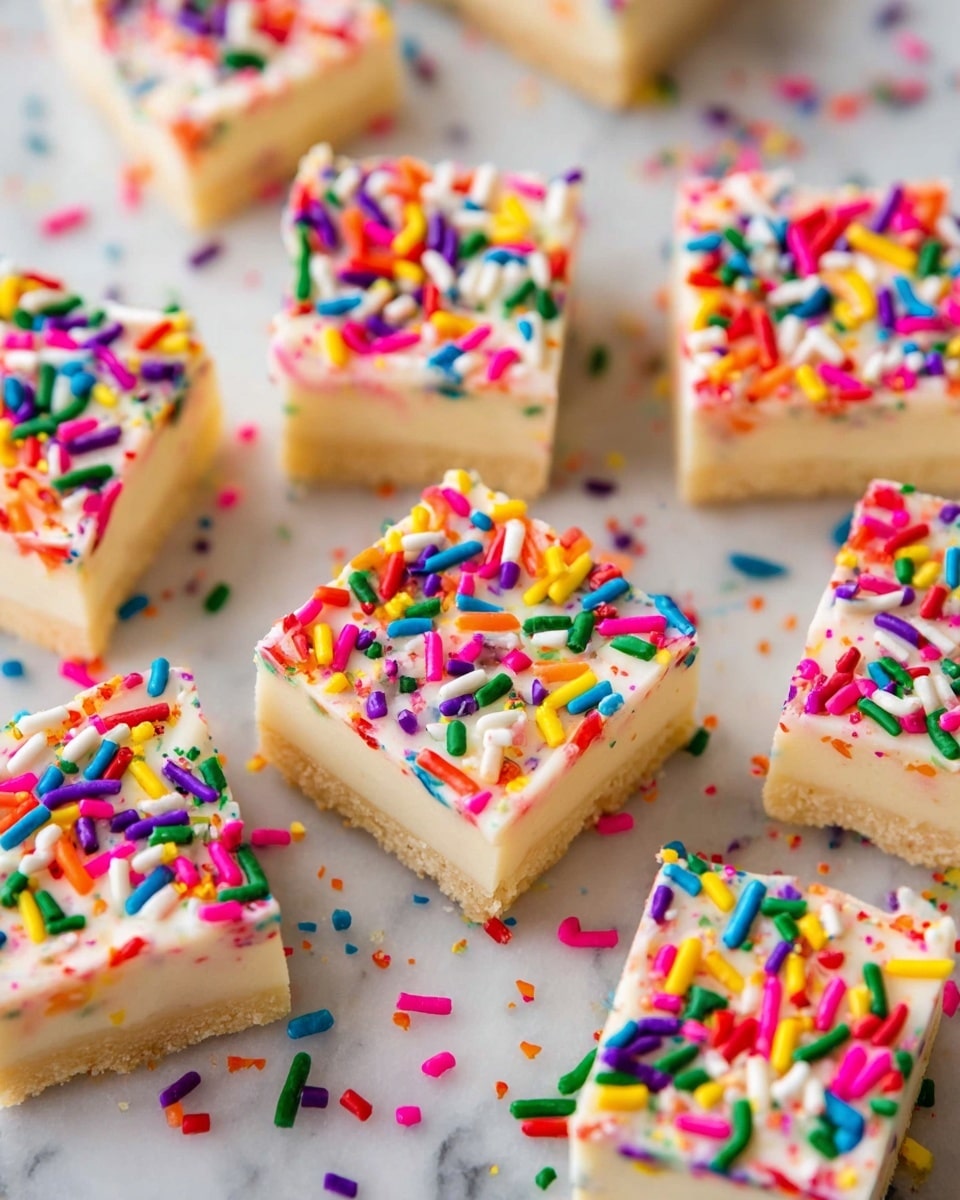 The image shows several square pieces of dessert with two layers: a thick, light cream-colored base layer with a smooth texture, topped by a white creamy layer covered with colorful long sprinkle candies in red, green, yellow, orange, purple, blue, pink, and white scattered evenly. The pieces are cut cleanly and are arranged closely on a white marbled surface, with some sprinkles scattered around. photo taken with an iphone --ar 4:5 --v 7