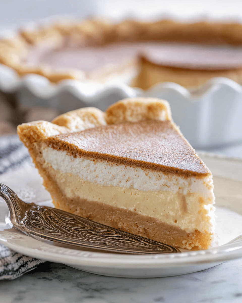 A close-up of a slice of pie resting on an ornate silver pie server with a white plate underneath. The pie has three visible layers: the bottom crust is light golden and firm, the middle layer is creamy and pale with a slightly grainy texture, and the top layer is darker brown with a smooth, slightly textured surface. In the background, the remaining pie sits in a white pie dish with ruffled edges, all placed on a white marbled texture surface. Photo taken with an iphone --ar 4:5 --v 7