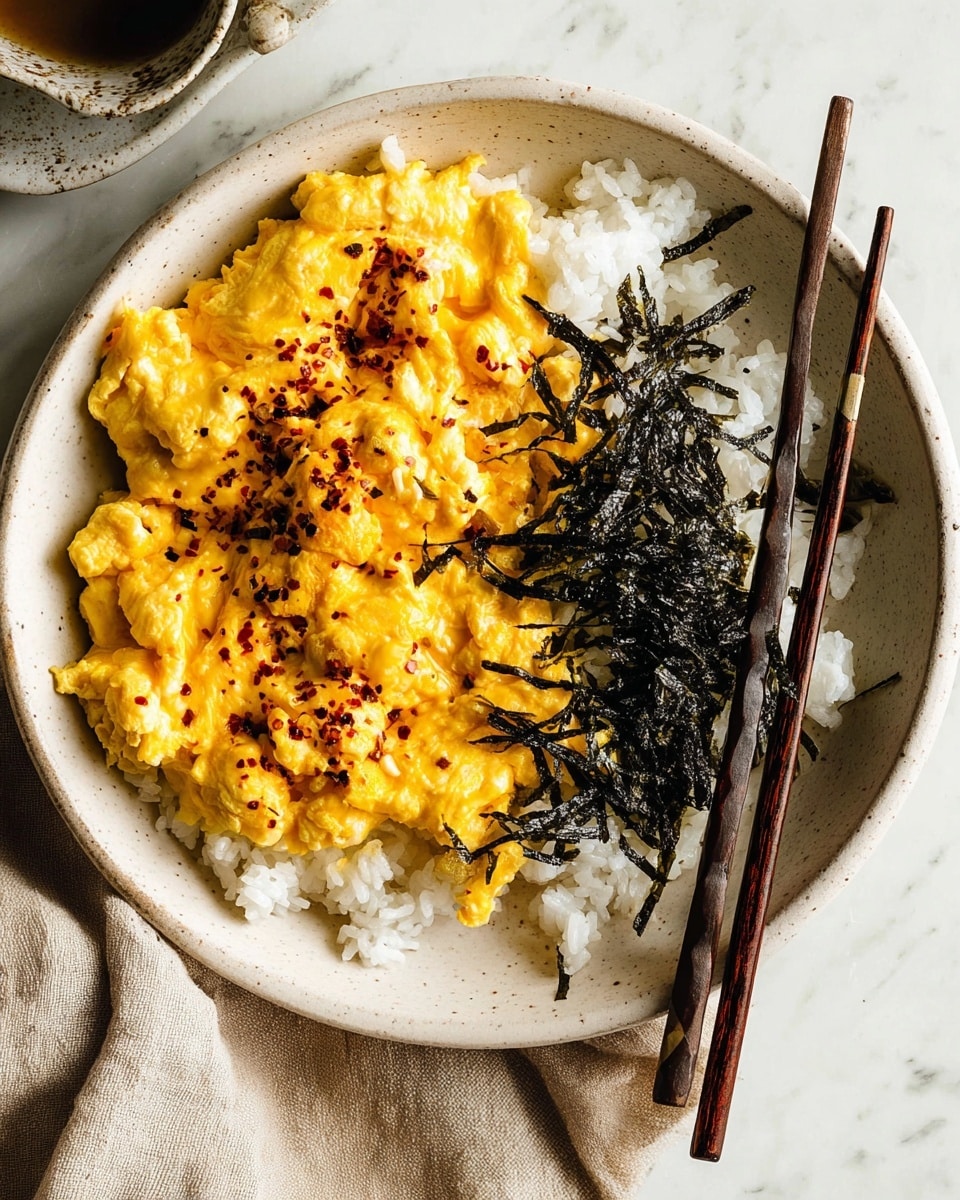 A round white plate filled halfway with a layer of white fluffy rice topped on the left side by a thick layer of creamy, soft scrambled eggs with a rich yellow color sprinkled with red chili flakes, and on the right side by thin, dark strips of seaweed scattered over the rice; a pair of dark wooden chopsticks rests on the right edge of the plate, with a light beige cloth partly visible underneath, all set on a white marbled surface. photo taken with an iphone --ar 4:5 --v 7