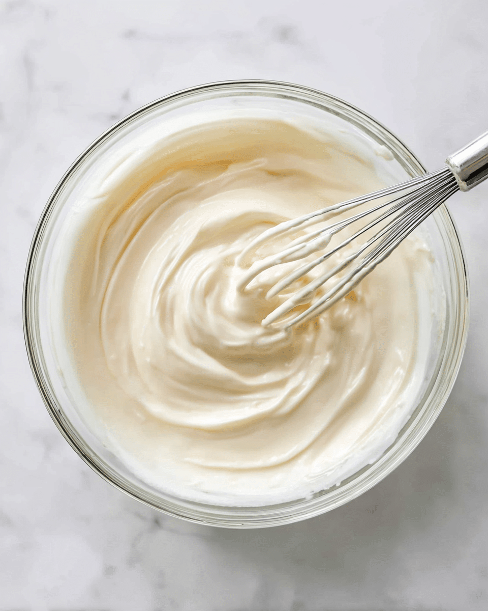 A clear glass bowl filled with a thick, creamy white mixture with a smooth texture, swirled evenly inside. A metal whisk coated with the same creamy mixture rests inside the bowl, partially submerged in the swirl. The bowl is placed on a white marbled surface that provides a clean and bright background. photo taken with an iphone --ar 4:5 --v 7