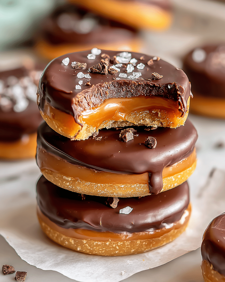 A stack of three round caramel and chocolate treats is shown on white parchment paper over a white marbled surface, each piece having a bottom layer of golden caramel with a slightly rough texture, topped with a smooth dark chocolate layer that drips slightly at the edges. The top piece has a visible bite taken out, showing the caramel layer inside, and is sprinkled with small white salt crystals and tiny chocolate chunks that add texture. The background is softly blurred with more treats visible, highlighting the sharp focus and glossy shine on the chocolate coat. photo taken with an iphone --ar 4:5 --v 7