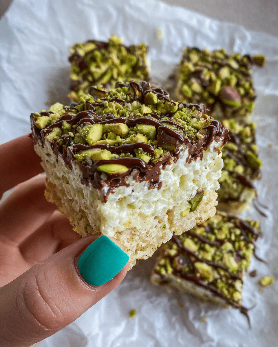 A close-up image shows a square dessert bar held between the fingers of a woman's hand with turquoise nail polish. The bar has three visible layers: a light beige crispy base with puffed rice texture, a middle creamy white layer, and a top layer covered with crushed green pistachios and a drizzle of dark chocolate sauce. The background shows more pieces of the same dessert arranged on crinkled white parchment paper on a white marbled surface. Photo taken with an iphone --ar 4:5 --v 7