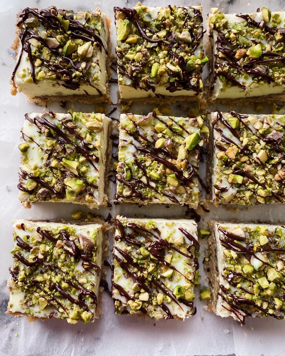 The image shows a dessert cut into nine square pieces arranged in a 3x3 grid on white parchment paper. Each piece has three visible layers: the bottom layer is a pale, slightly crumbly crust, the middle layer is a creamy white filling, and the top layer is covered with chopped pistachios in green and light brown shades. Dark chocolate is drizzled in thin, irregular lines over the top, adding a glossy texture and contrast to the light colors below. The edges of the dessert pieces are neat and the overall look is colorful and inviting against a white marbled background. Photo taken with an iphone --ar 4:5 --v 7