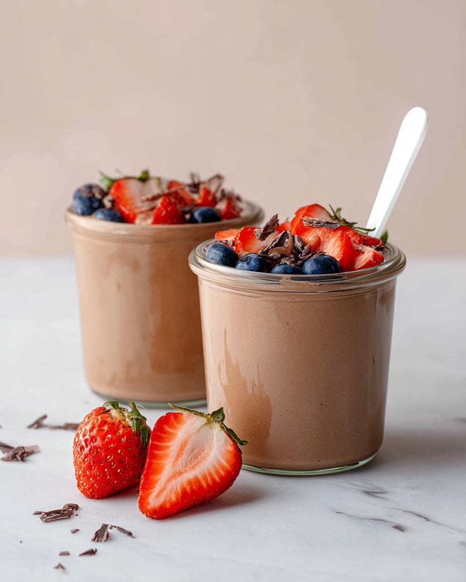 Two clear glass jars filled with a smooth light brown chocolate mousse, each topped with fresh red sliced strawberries and dark blue blueberries, with small chocolate shavings scattered on top. Each jar has a white spoon standing inside. In front, there are some whole and sliced strawberries resting on a white marbled surface. The background is soft and plain with a gentle white tone. photo taken with an iphone --ar 4:5 --v 7