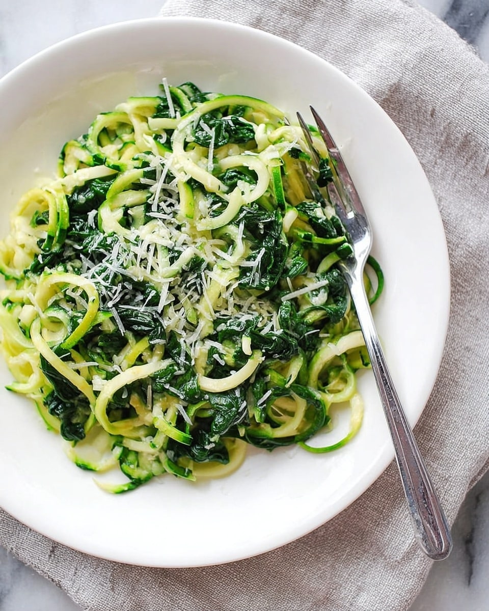 The image shows a close-up of a white plate filled with two layers of spiralized zucchini noodles mixed with sautéed spinach. The zucchini noodles are pale green with some darker green skin on the edges and have a fresh, glossy texture. The sautéed spinach pieces are dark green and slightly wilted, mixed evenly throughout the noodles. The top of the dish is sprinkled with finely grated white cheese. A silver fork is placed on the right side of the plate, resting on the noodles. The plate is on a white marbled surface with a light gray fabric napkin partially visible underneath. Photo taken with an iphone --ar 4:5 --v 7