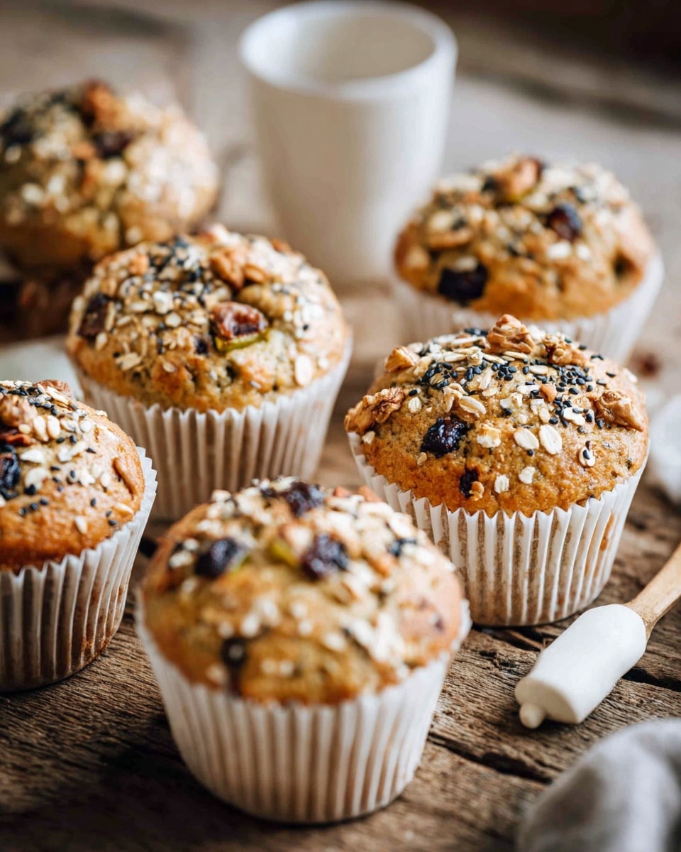 Seven muffins in white paper cups rest on a rustic wooden surface, each muffin topped with oats, black sesame seeds, and small chunks of dark fruit or nuts. The muffins are golden brown with a slightly cracked texture on top, showing the soft inside. In the foreground, a white ceramic cup handle is partially visible. The setting has a natural, warm feel with soft light highlighting the muffins' detailed textures. photo taken with an iphone --ar 4:5 --v 7