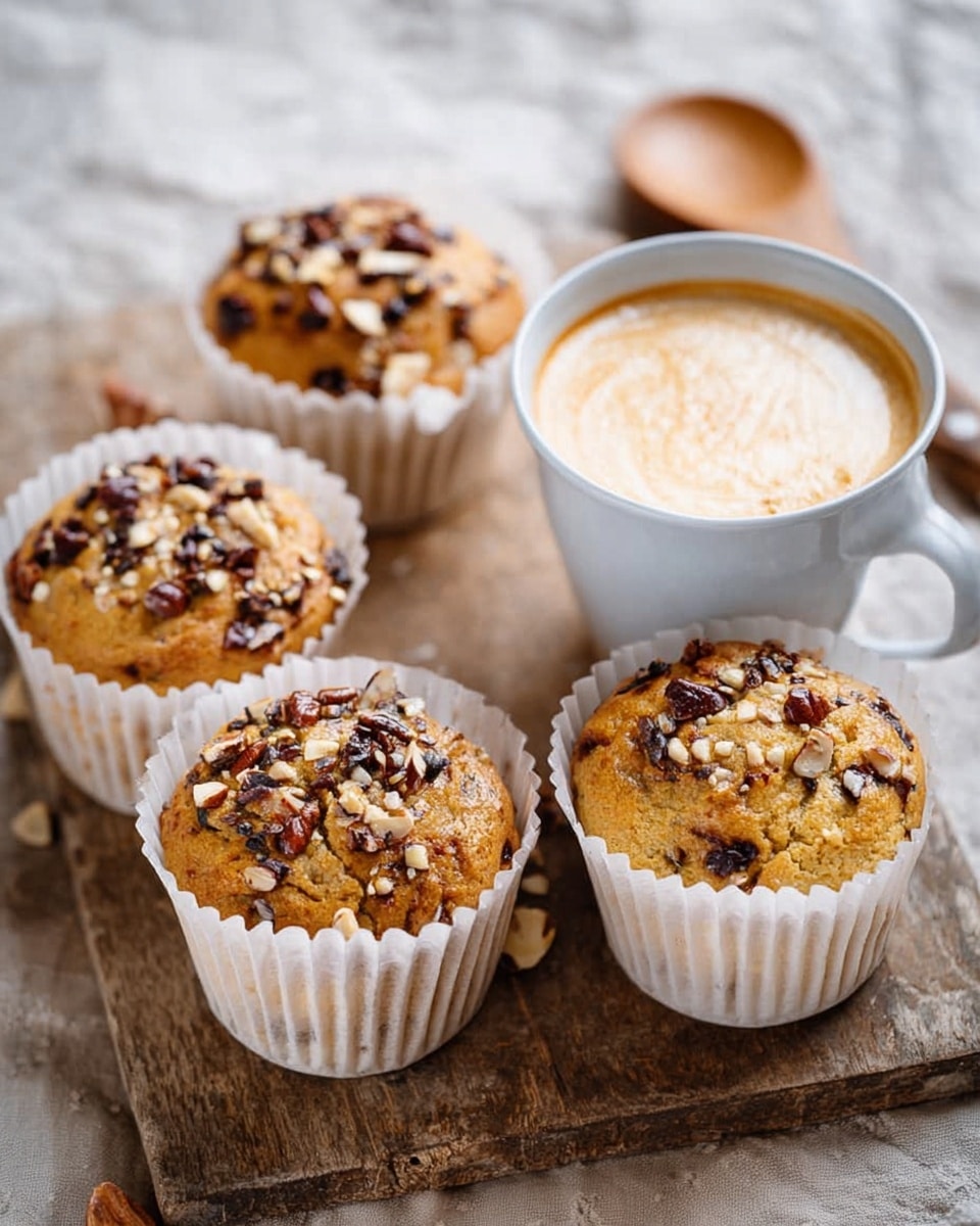 The image shows four golden-brown muffins topped with dark and light nuts and seeds, each placed in a white paper cup, arranged close to each other on a rustic wooden surface. Next to the muffins is a white ceramic mug filled with a light brown cappuccino, showing a smooth swirl of frothy milk on top. In the background, a wooden spoon is slightly visible. The whole scene is set on a white marbled texture surface. photo taken with an iphone --ar 4:5 --v 7