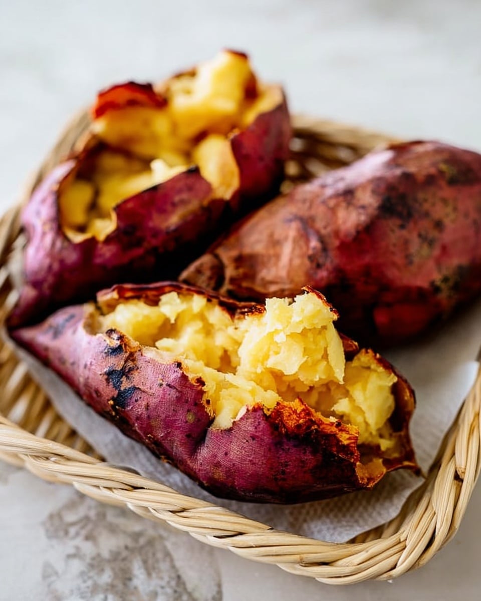 The image shows three roasted sweet potatoes with dark reddish-purple skins, some parts charred and cracked open to reveal soft, bright yellow flesh inside. The sweet potatoes are placed on a small white wicker tray, which rests on a white marbled surface. The texture of the cooked flesh looks fluffy and moist, while the outer skin appears rough and slightly wrinkled. The photo is close up, focusing on the textures and colors of the sweet potatoes. photo taken with an iphone --ar 4:5 --v 7