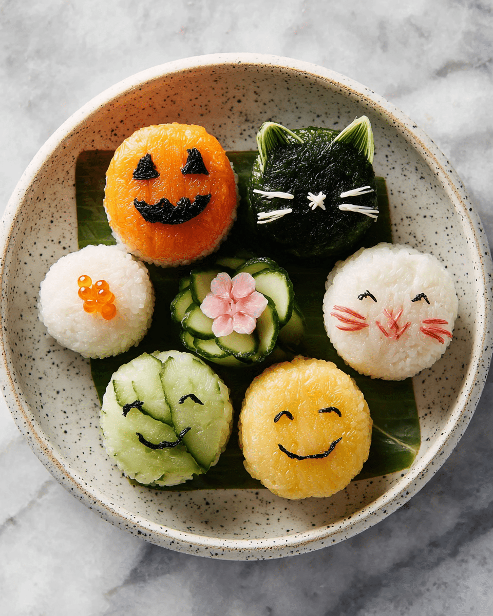 Six round sushi pieces are placed in a speckled white bowl on a white marbled texture. The top left sushi is orange with a jack-o'-lantern face made from dark seaweed. Next to it on the right is a dark green sushi with a cat face and whiskers in white. Below the orange sushi is a light green piece decorated with thin slices of cucumber arranged like flower petals, topped with pink garnish in the center. To the right is a white sushi with thin red lines curving around it like flower petals, topped with small orange fish roe. At the bottom left, a white sushi ball sits on a green leaf and has a stitched smiley face made from seaweed. On the bottom right is a yellow sushi piece with another jack-o'-lantern face made from dark seaweed. photo taken with an iphone --ar 4:5 --v 7