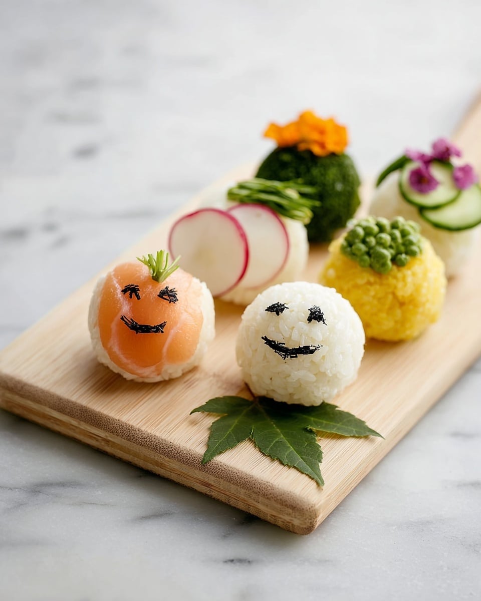 Six small round sushi balls sit neatly in two rows on a light wooden board placed on a white marbled surface. Each sushi ball is made of white rice and decorated differently: the front left one has a smooth salmon topping with a smiling face made from dark seaweed; next to it on the right is a plain white rice ball with a wide, stitched smile and two small seaweed eyes. Behind these, from left to right, there is a white rice ball topped with thin pink radish slices and a small orange garnish, a green ball covered with leafy greens, a yellow ball with a small leafy garnish on top, and lastly a white rice ball wrapped with thin cucumber slices and a small pink flower on top. A green leaf rests on the board’s left side near the sushi. Photo taken with an iphone --ar 4:5 --v 7