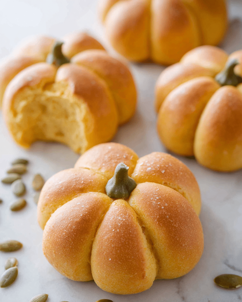 The image shows small pumpkin-shaped bread rolls with a soft, smooth, and slightly golden-brown crust. Each roll has seven distinct rounded sections, creating a pumpkin look, and a small greenish stem piece placed in the center on top. The rolls rest on a white marbled surface, with a few pumpkin seeds scattered around. One roll near the top is partially bitten, showing a fluffy and light interior. The lighting is soft, highlighting the texture and warm color of the bread. photo taken with an iphone --ar 4:5 --v 7