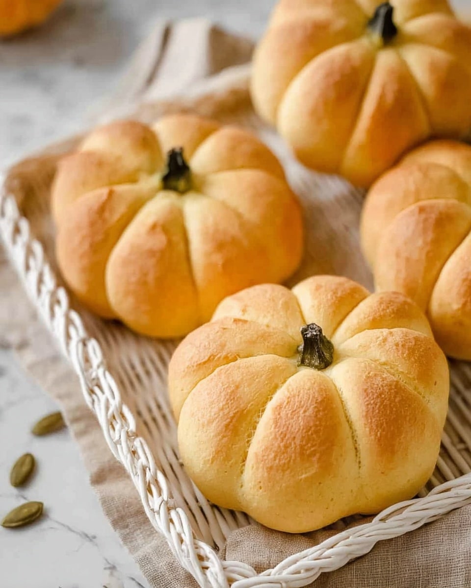 The image shows four pumpkin-shaped bread rolls on a white woven tray. Each roll has eight segments with soft golden-brown tops and slightly lighter sides. A small dark seed or stem is placed in the center of each roll to mimic a pumpkin's stem. The tray is placed on a beige textured cloth with some scattered seeds around it. The background is a white marbled texture. photo taken with an iphone --ar 4:5 --v 7