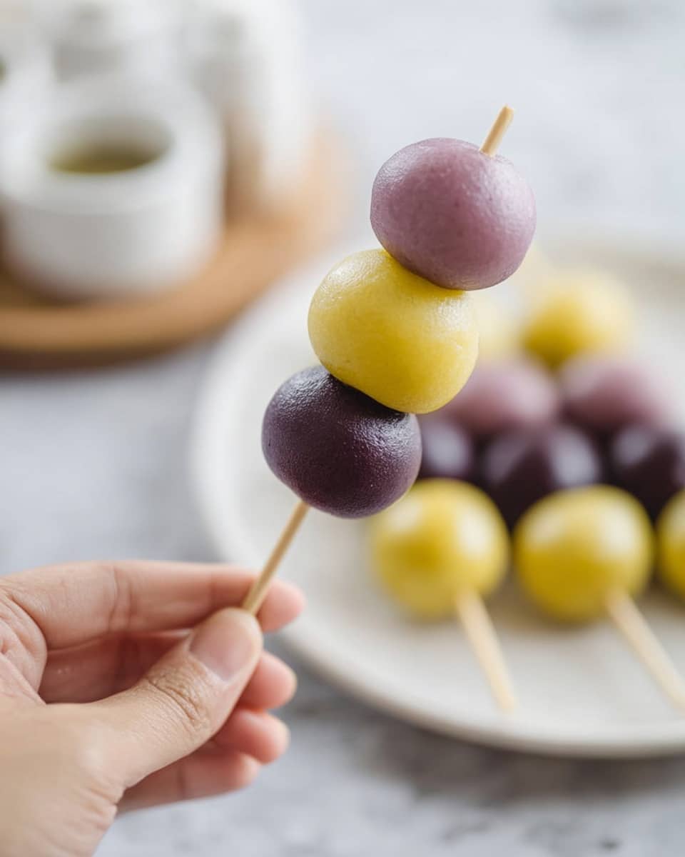 A woman's hand is holding a skewer with three smooth, round dumplings stacked vertically: the top one is light purple, the middle one is bright yellow, and the bottom one is dark purple. In the background, a white plate holds more skewers with similar colored dumplings arranged in pairs. The whole scene is set on a white marbled surface, giving a clean and soft look. photo taken with an iphone --ar 4:5 --v 7