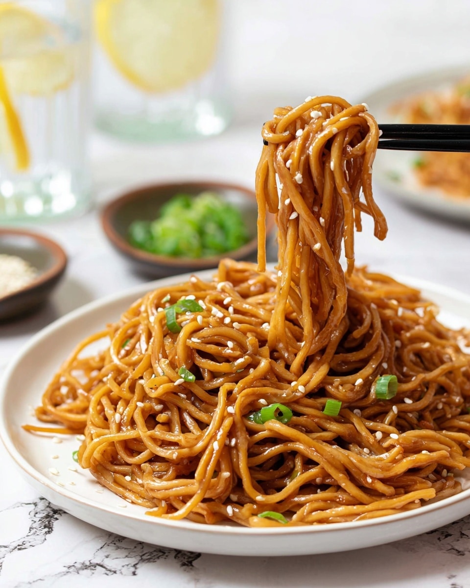The image shows a white plate filled with glossy brown noodles that look soft and coated in sauce, scattered with small white sesame seeds and green onion pieces. A pair of black chopsticks hold a lifted bundle of noodles twisted together, showing the texture and sauce clearly. The background has a white marbled texture with blurred elements like clear glasses with lemon slices and small dishes holding chopped green onions and sesame seeds. Photo taken with an iphone --ar 4:5 --v 7